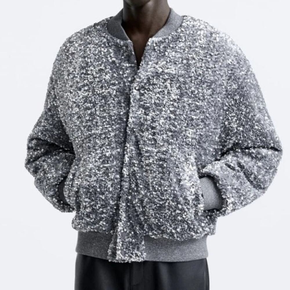 Zara Silver Sequin Bomber Jacket Unisex Mens Womens L Oversized Long Sleeve